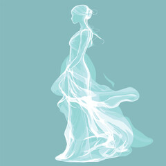 Ethereal silhouette of a female in flowing dress against aqua background