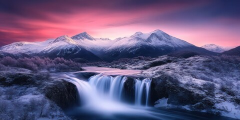 Fototapeta premium Misty waterfall flowing through a rocky mountain valley at sunrise. Wide panoramic composition with pink sky and blue shadows. Serenity and momentum for modern branding and travel marketing.