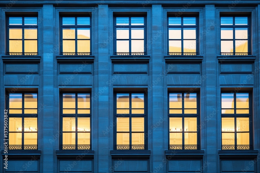 Poster illuminated windows of a parisian building creating a warm glow at dusk, illuminated windows of a pa