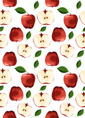 Seamless pattern with red apples and leaves. 
