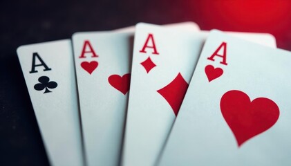 Playing cards arranged in a row, showing four aces , detail, high card, spades