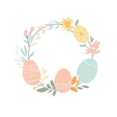 Pastel easter egg wreath with floral accents on white background