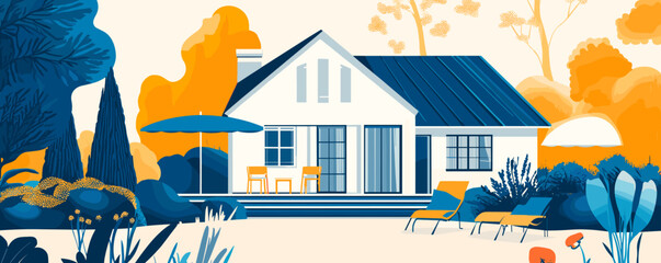 Charming modern house with lush garden and sunset sky in geometric style - vector.