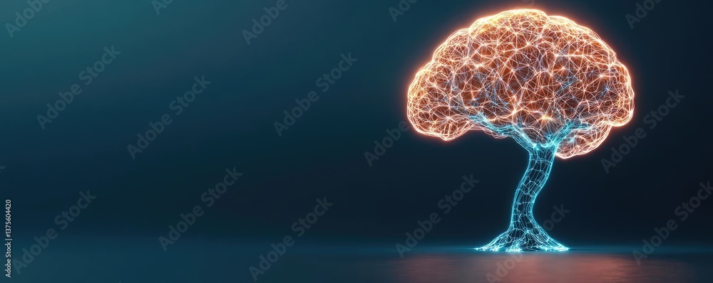 Poster cyberpunk biotech with digital plants innovation concept. a modern visualization of a brain resembli