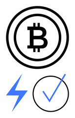 Bitcoin currency symbol in outlined circle above blue lightning bolt and checkmark in a circle. Ideal for cryptocurrency, blockchain, speed, approval, security, technology, finance. Flat simple