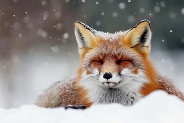 Fototapeta premium Red fox rests in snowy landscape during winter, surrounded by falling snowflakes, Red fox Vulpes vulpes A fox is resting in the wild