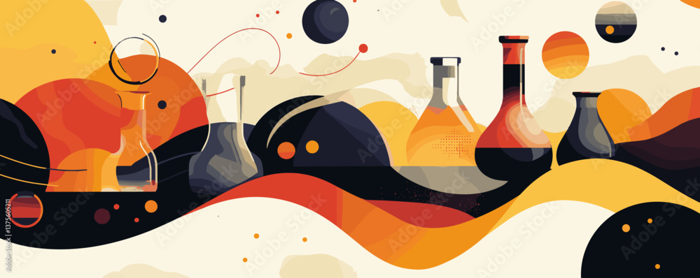 Poster abstract science laboratory background with colorful glassware and waves design, vector.