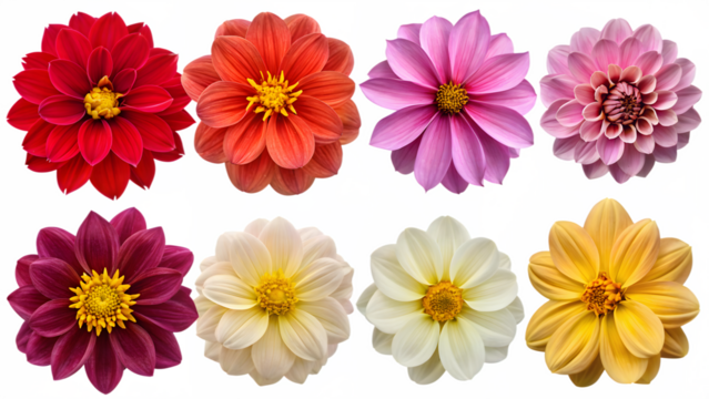 Isolated vibrant dahlia blooms on a transparent background, ideal for creative design projects, digital scrapbooking, and nature-inspired artwork.set of flowers isolated