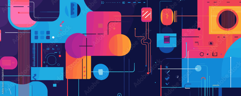 Poster abstract geometric shapes and lines with vivid colors on a dark background - vector.