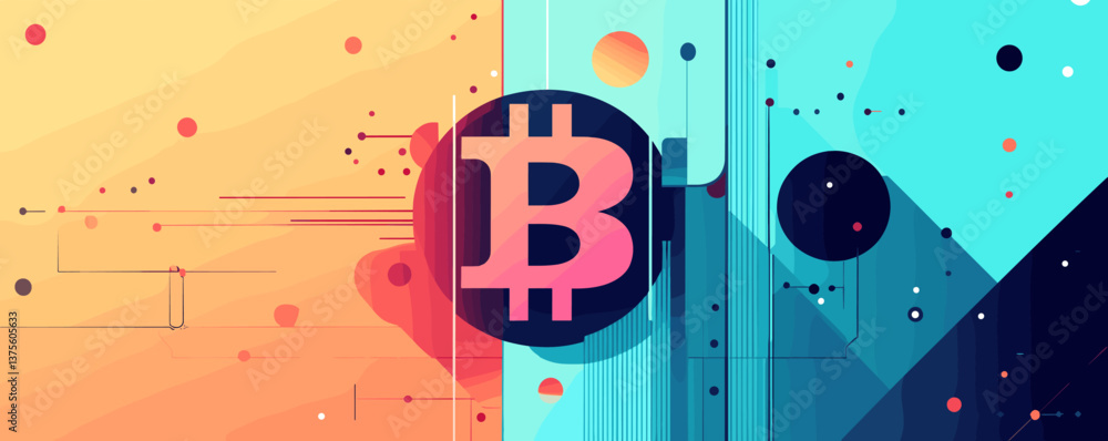 Poster abstract bitcoin symbol with colorful geometric shapes in modern digital art - vector.