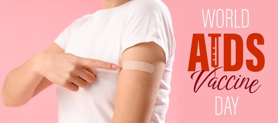 Banner for World AIDS Vaccine Day with young woman pointing at applied medical patch