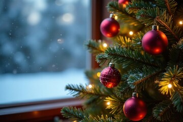 Christmas tree decorated with ornaments and lights against a snowy window background , winter, snow