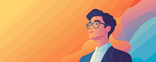 Thoughtful man in suit against colorful abstract background - vector.