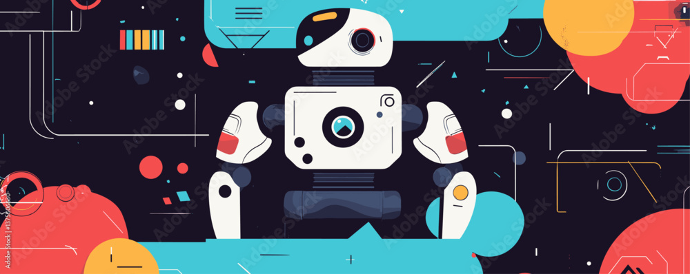 Poster futuristic robot in a colorful geometric sci-fi background—vector.