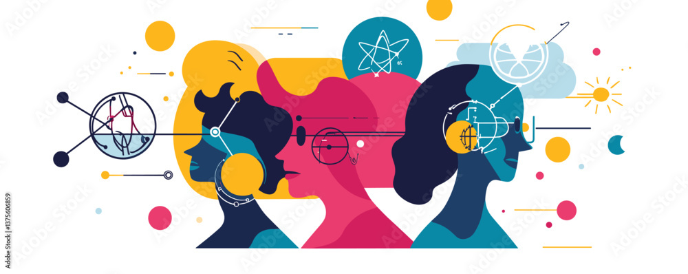 Aufkleber abstract human profiles with technology and science elements - vector.
