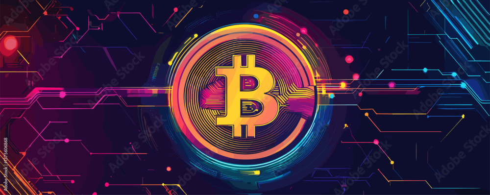 Poster futuristic bitcoin circuit design with neon colors and digital patterns - vector.