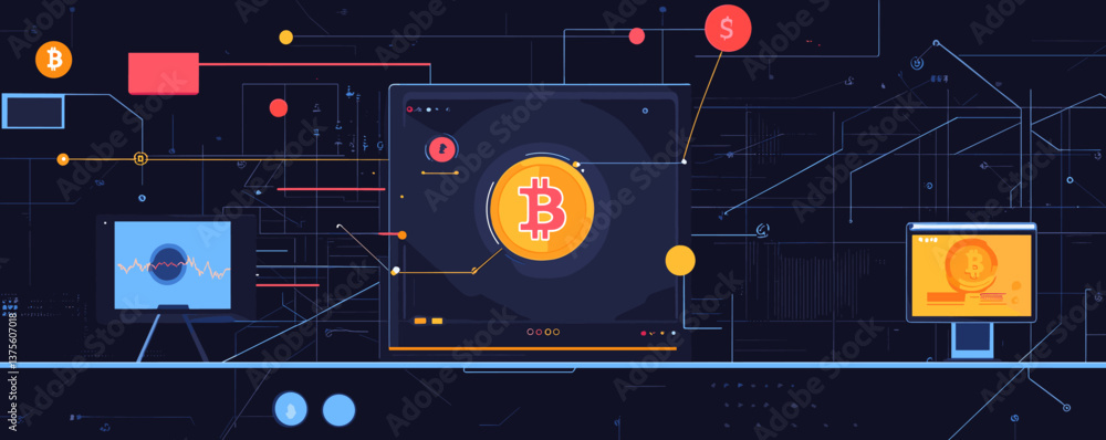 Poster blockchain technology and bitcoin network concept with monitors and charts - vector.
