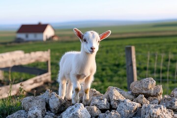 A charming young goat stands atop a pile of rocks in a picturesque meadow, exuding a sense of innocence and playfulness amidst a serene rural landscape.