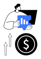 Person holding puzzle piece with bar chart next to growth arrows and dollar coin. Ideal for business, finance, analysis, investment, strategy, success, planning. Flat simple metaphor