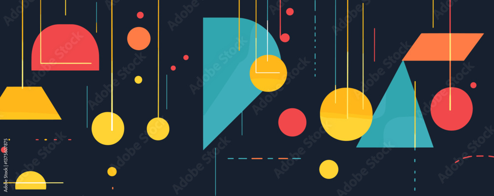 Poster colorful geometric abstract design with circles and triangles on dark background - vector.