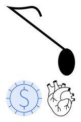 Musical note, heart, and coin represent harmony, health, and wealth. Ideal for balance, decision-making, priorities well-being investments creativity and simplicity. Flat simple metaphor