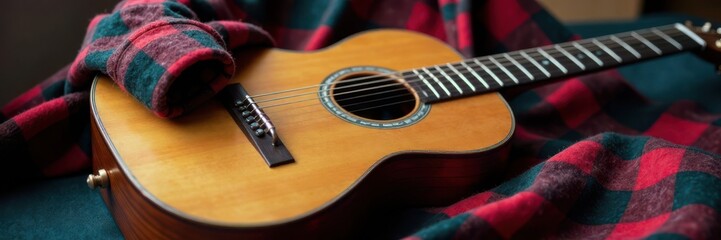 Fototapeta premium Flannel shirt draped over a worn wooden guitar , guitar, music