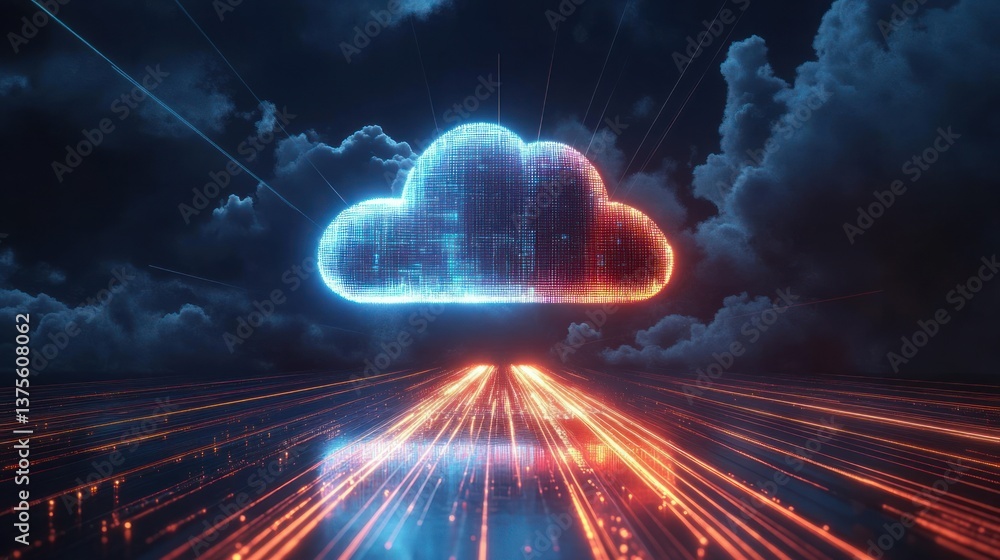 Poster futuristic cloud computing concept with streaming data lines and neon cloud icon on dark background
