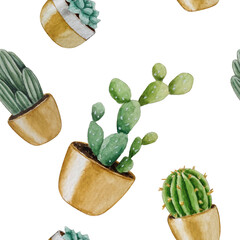 Cacti and succulents seamless pattern. Watercolor illustration. White background. For design, backgrounds