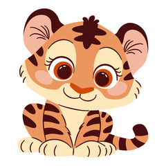Flat vector illustration in a simple children's style. Cute baby tiger cub with big eyes, white background. Vector illustration
