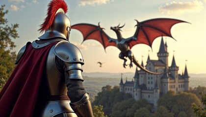 Naklejka premium Valiant knight in armor watching a dragon soar over a castle at sunset