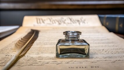 An ink bottle and quill rest on a historic document, symbolizing writing, tradition, and the importance of the written word.