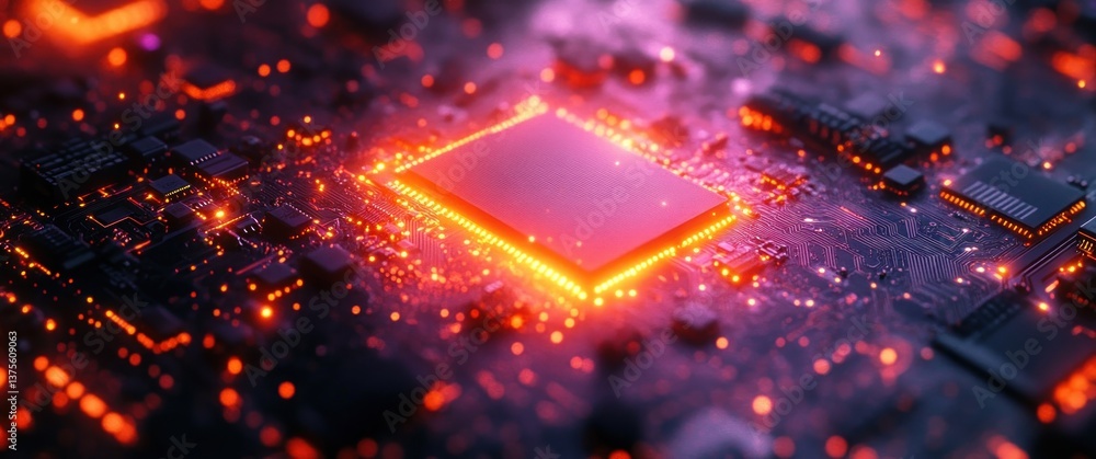 Poster Futuristic Microchip Circuit Board Server Data Processing with Neon Lights