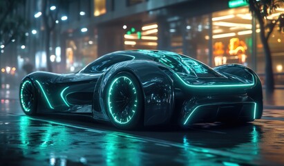 Futuristic Electric Sports Car with Green Neon Highlights and Holographic Interface