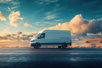 Delivery Van on Open Highway with Dramatic Lighting and Motion Blur