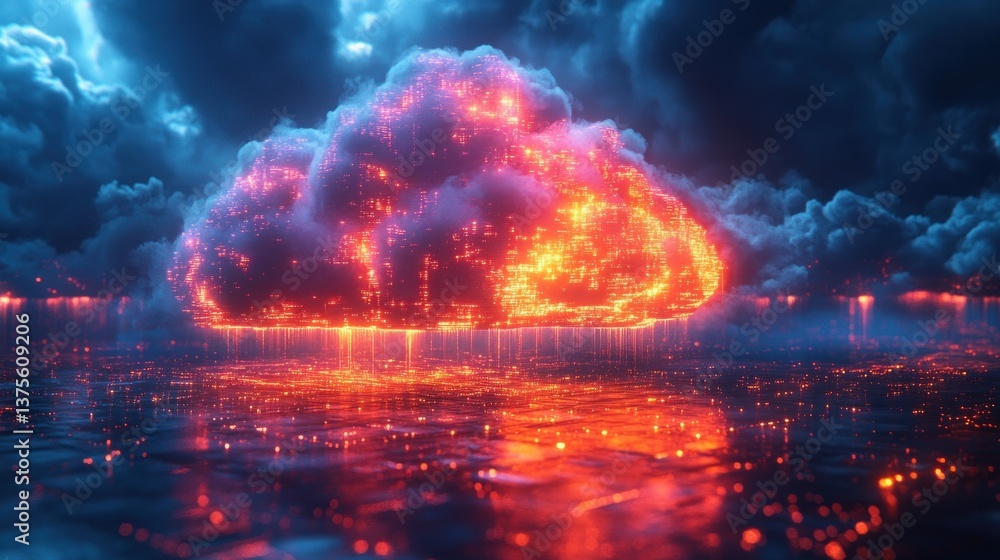 Poster futuristic digital cloud computing with streaming data lines and cyberpunk art style