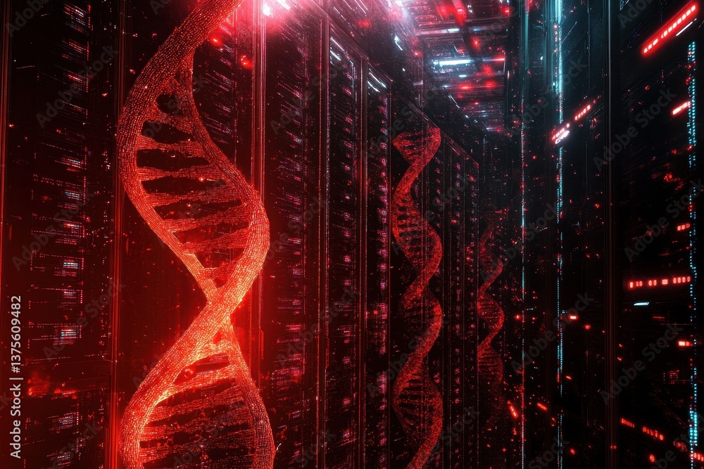 Poster data processing with dna strands in a high-tech server room under dim lighting, dna strands and data