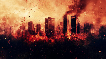 Burning building engulfed in intense flames with thick black smoke billowing into dark night sky, distant firefighters battling blaze under emergency lights, fire safety and crisis response. 