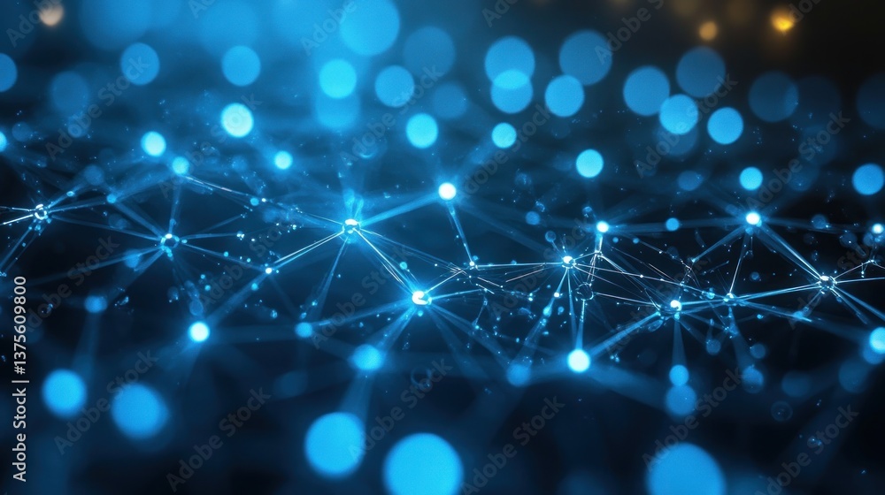 Fototapete Futuristic High-Tech Digital Network Visualization with Glowing Nodes and Lines on Deep Blue Background