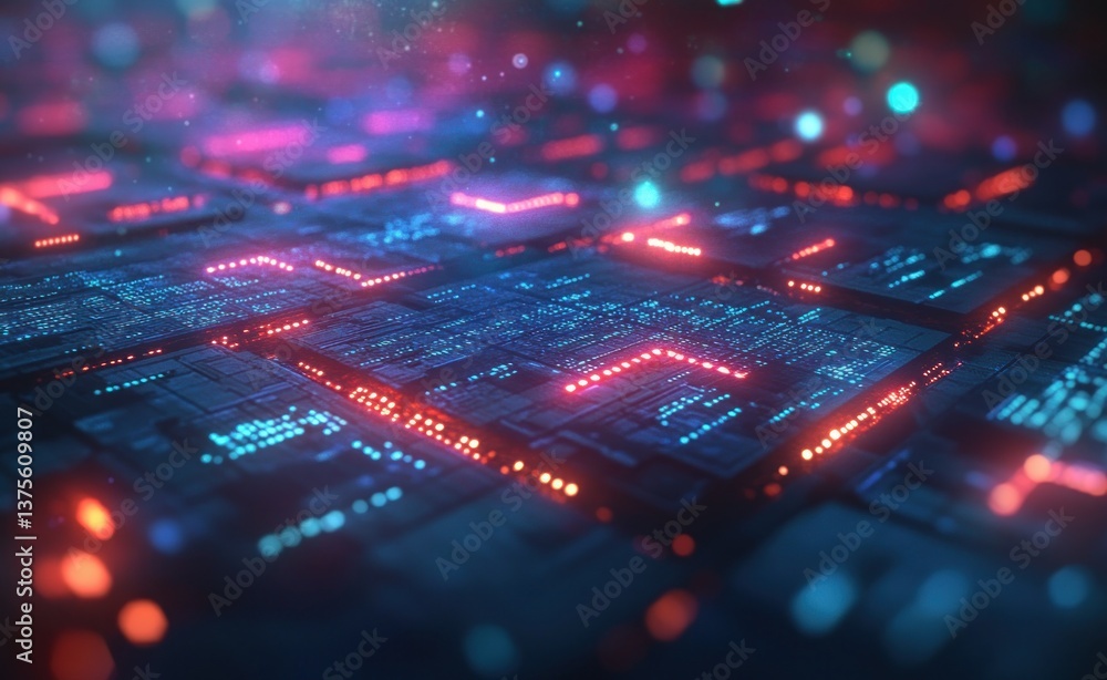 Poster Futuristic Cyberpunk Digital Grid with Glowing Neon Lights and High-Tech Quantum Architecture Illustration