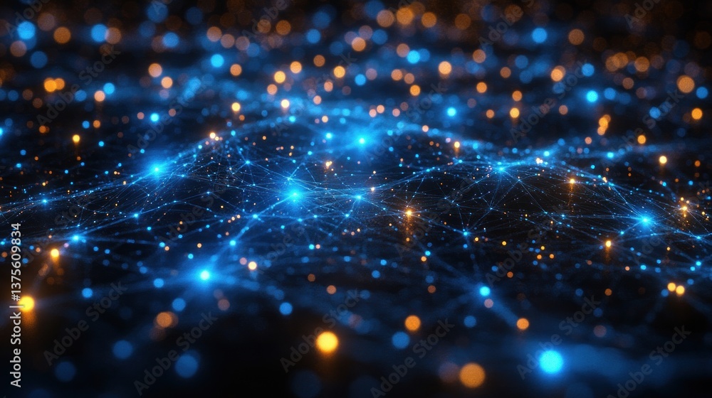 Poster futuristic network visualization of big data technology in cyberspace with glowing blue nodes and co