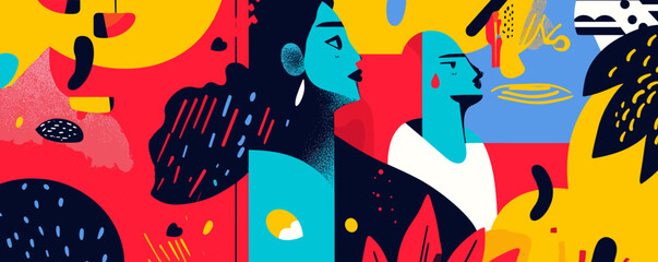 Colorful abstract portrait of two people amidst bold patterns and shapes - vector.