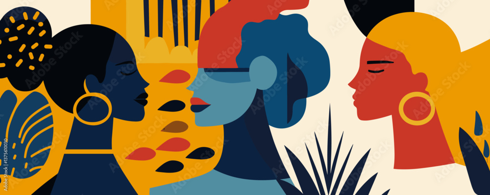 Poster abstract faces in profile with bold shapes and colors - vector.