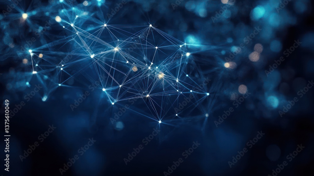 Poster futuristic digital network visualization with glowing nodes and lines on deep blue background