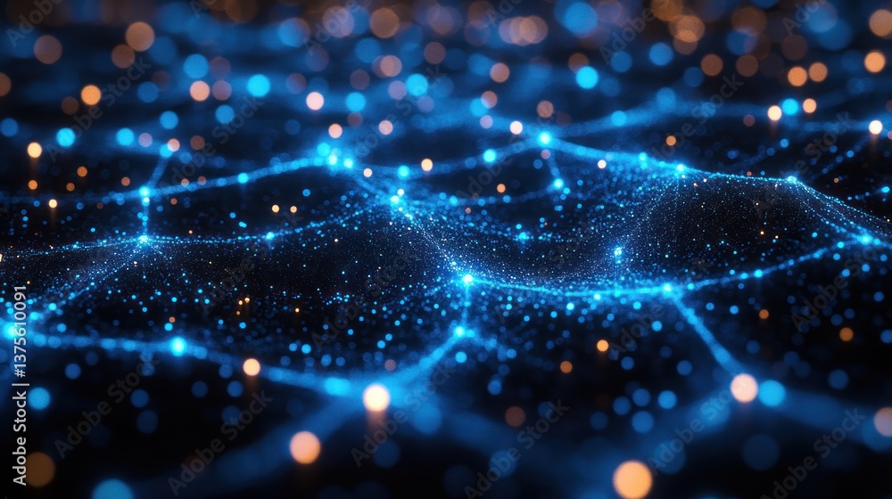 Poster futuristic technology network visualization glowing nodes connected lines digital flow data transfer
