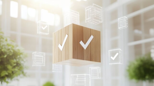 Modern office with floating wooden cube and checkmarks concept. Survey answer quality checklist