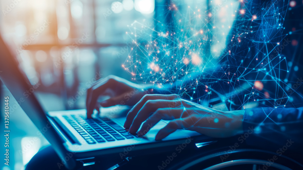 Aufkleber concept: connectivity of digital era. using laptop with abstract network connection