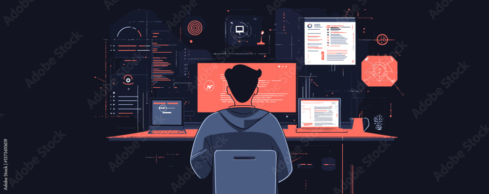 Poster person at high-tech workspace with multiple screens and holographic interface - vector.