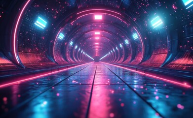 Futuristic Cyberpunk Tunnel Abstract Geometric Shapes Neon Lighting Digital Streams Technology