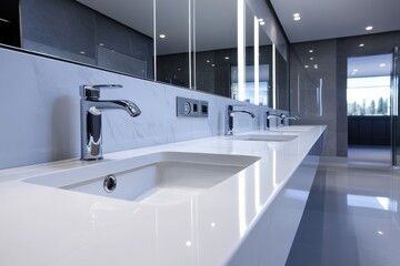 An elegant and clean view of a contemporary bathroom with modern sinks and polished fixtures, emphasizing a luxurious and comfortable environment for personal grooming.