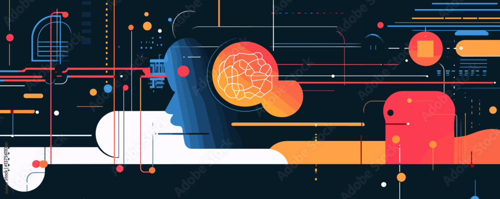 Poster abstract human head with brain in dynamic geometric lines and shapes - vector.